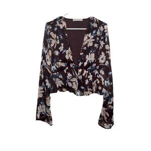 Abercrombie&Fitch Women's Top Brown XL Cropped V-neck Bell Long Sleeve Pullover